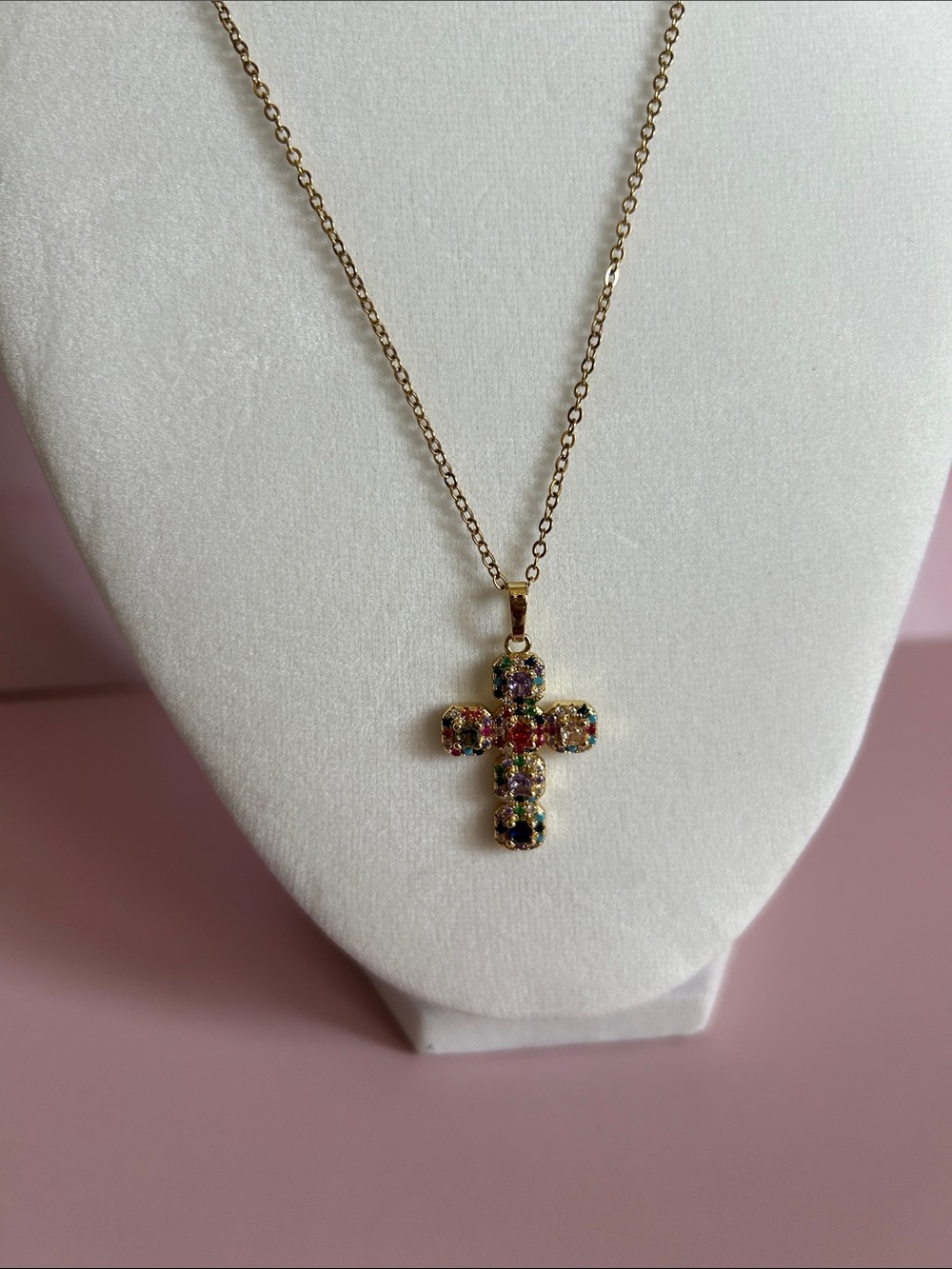 Gold Plated Multicolor Crystal Cubic Zirconia Cross Charm Pendant Necklace